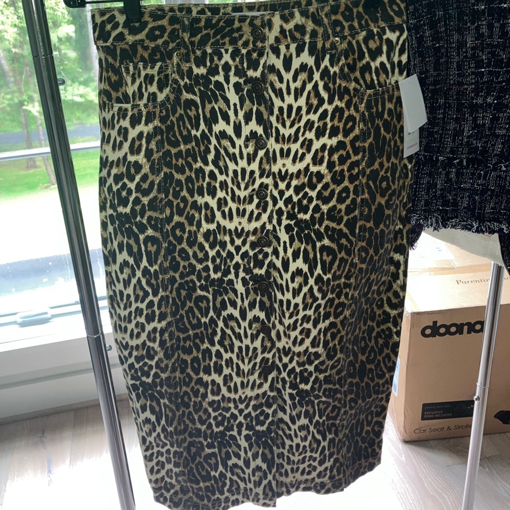 NWT Denim Leopard Button Down Midi Skirt